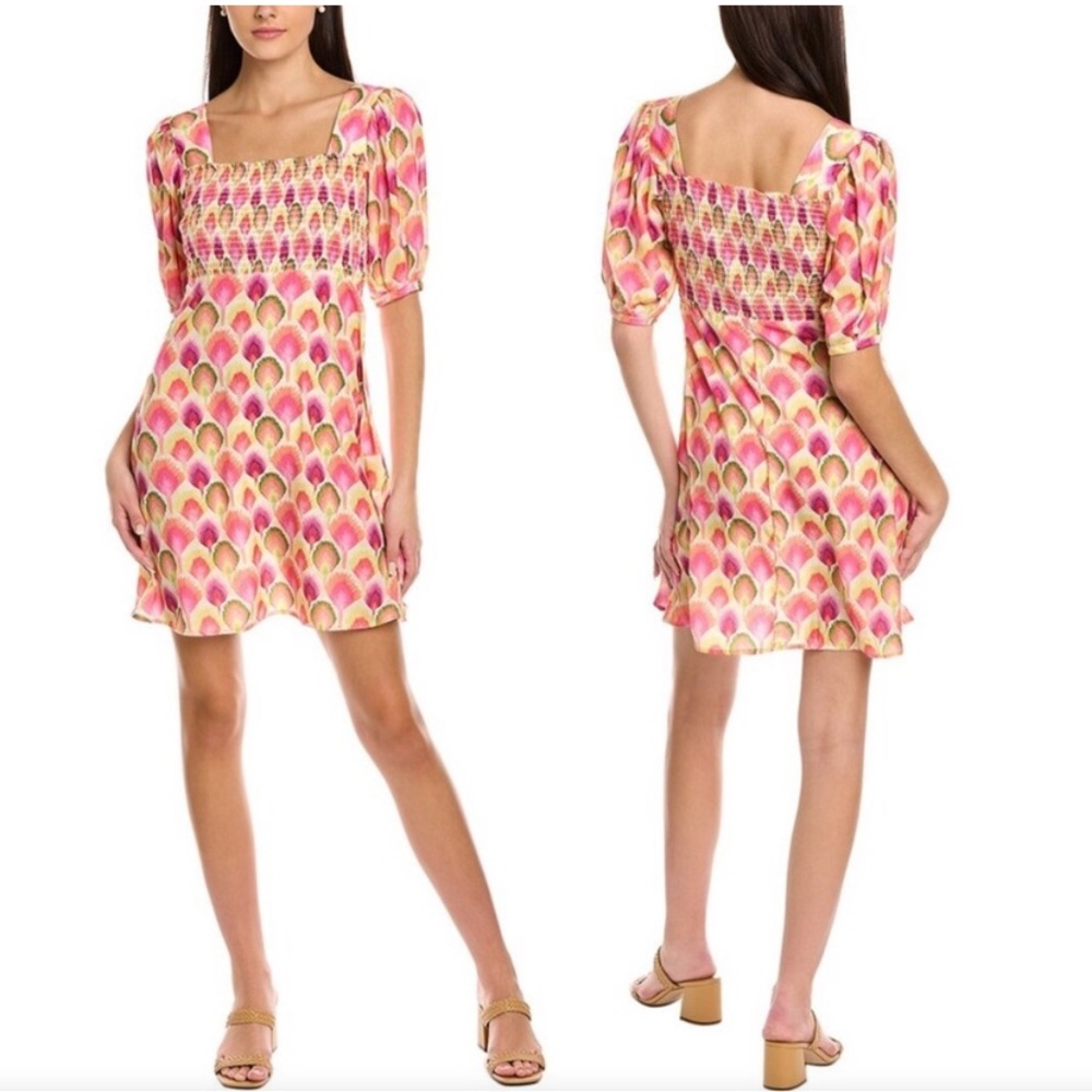 Traffic People Multicolored Tala Mini Dress with Puff Sleeves Smocked Bodice LG